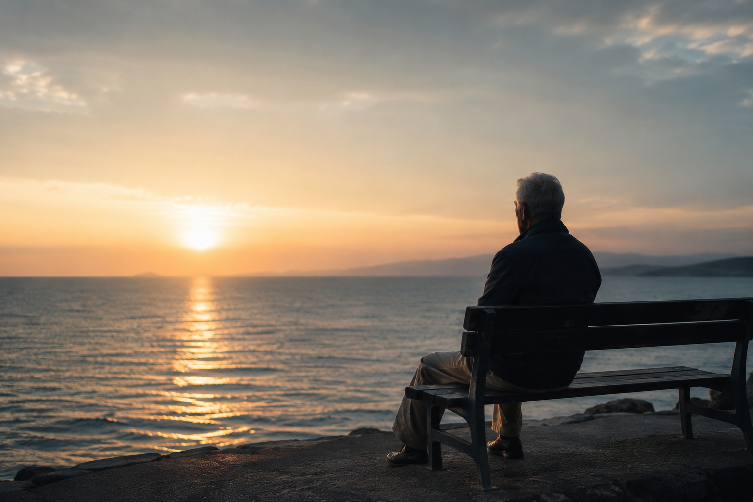 Elderly person by the sea at sunrise