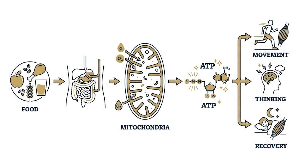 Food and oxygen converted by mitochondria into ATP for movement, thinking, and recovery
