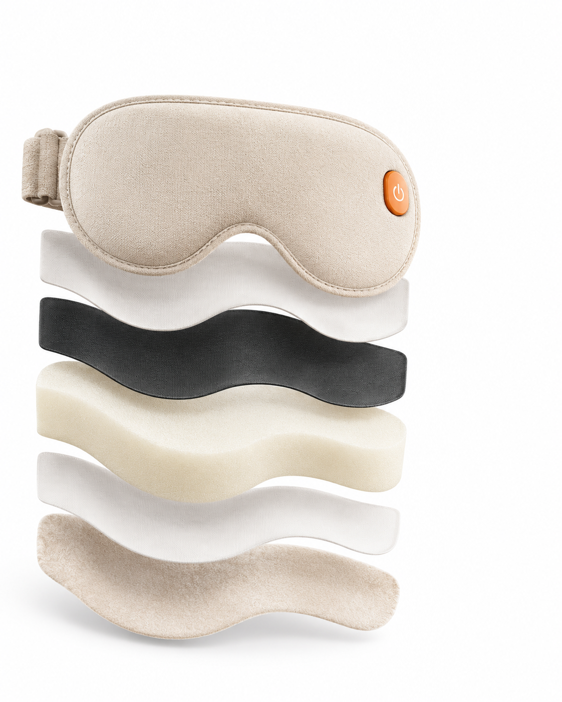 Exploded view of an eye-mask assembly with textile, cushioning and heating layers