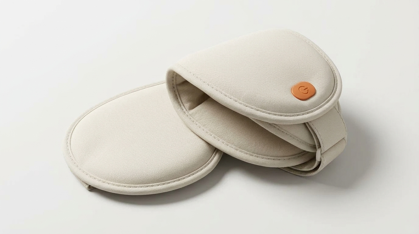 Existing heating eye-mask sample folded into a compact form, showing its textile exterior and orange control button