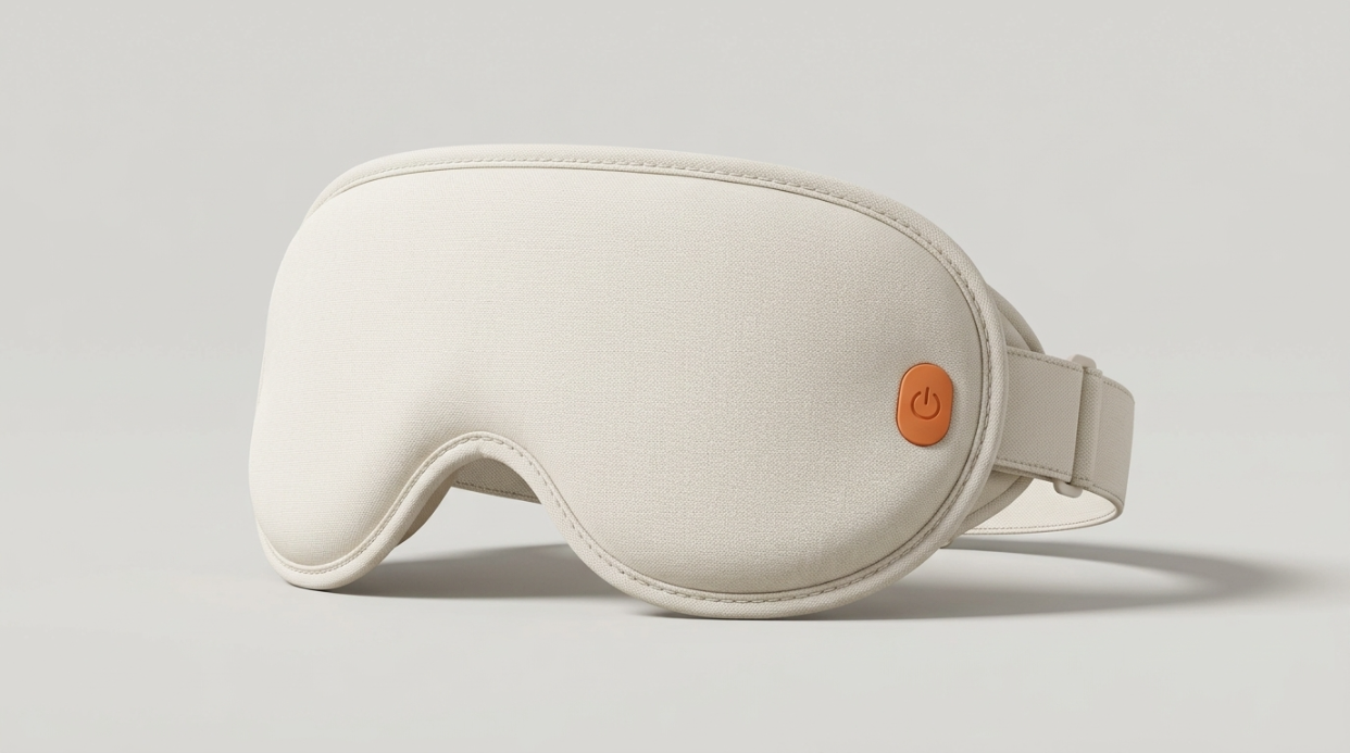Off-white heating eye mask with an orange control button and adjustable strap