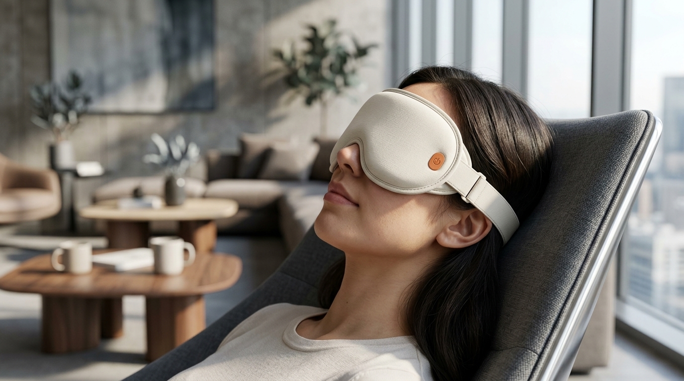 Person reclining beside a window wearing an off-white heating eye mask with an orange button and adjustable strap