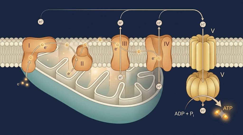 Electron transport chain and ATP synthase creating ATP from a proton gradient in the mitochondrial inner membrane