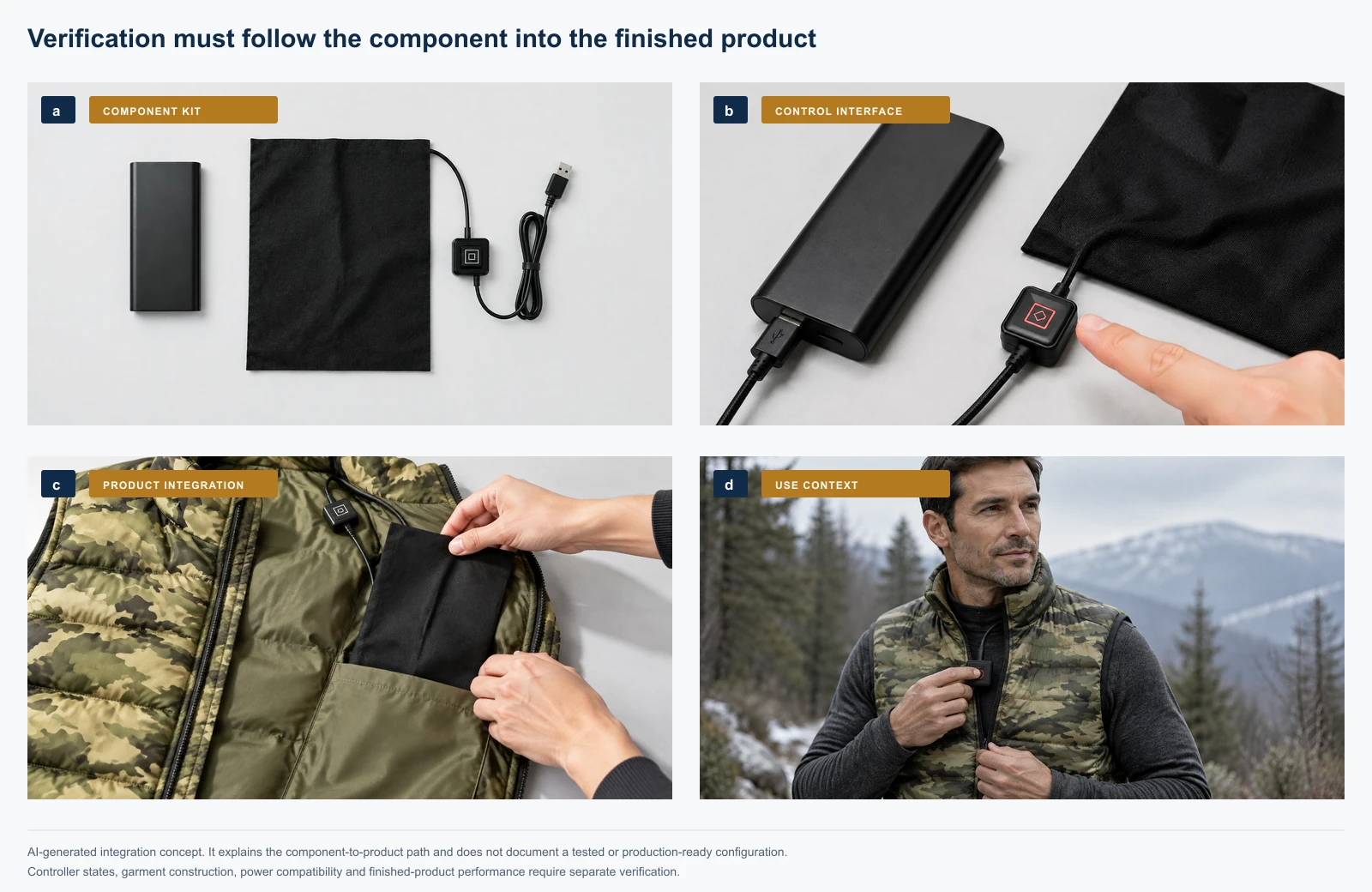 Four-panel concept showing a heating kit, controller, garment integration and outdoor use context