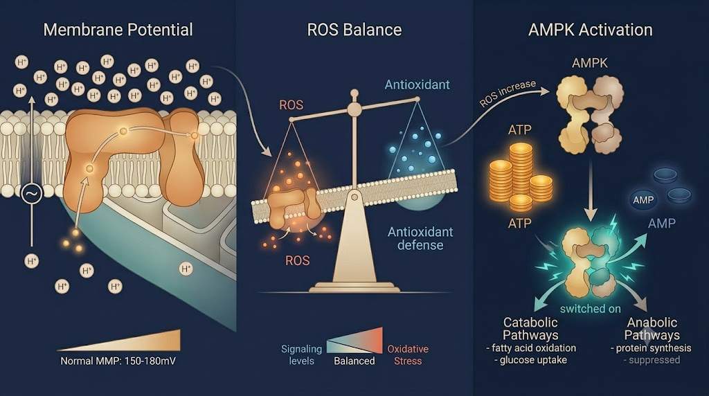Mitochondrial dysfunction mechanism showing membrane potential, ROS balance, ATP, and AMPK activation