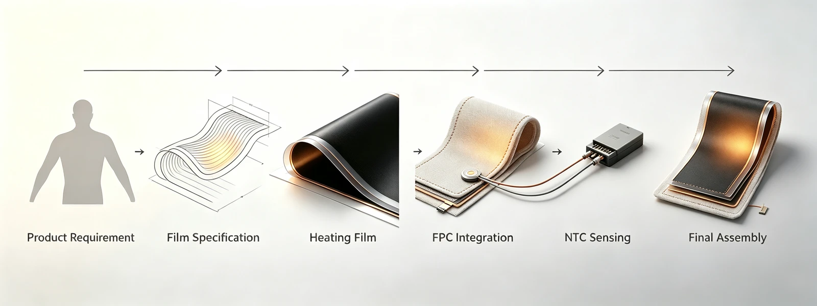Illustrated workflow connecting product requirements, film geometry, electrical interfaces, sensing and final assembly