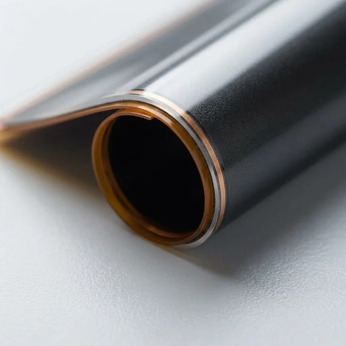 Close view of a thin black heating-film construction curled into a smooth radius