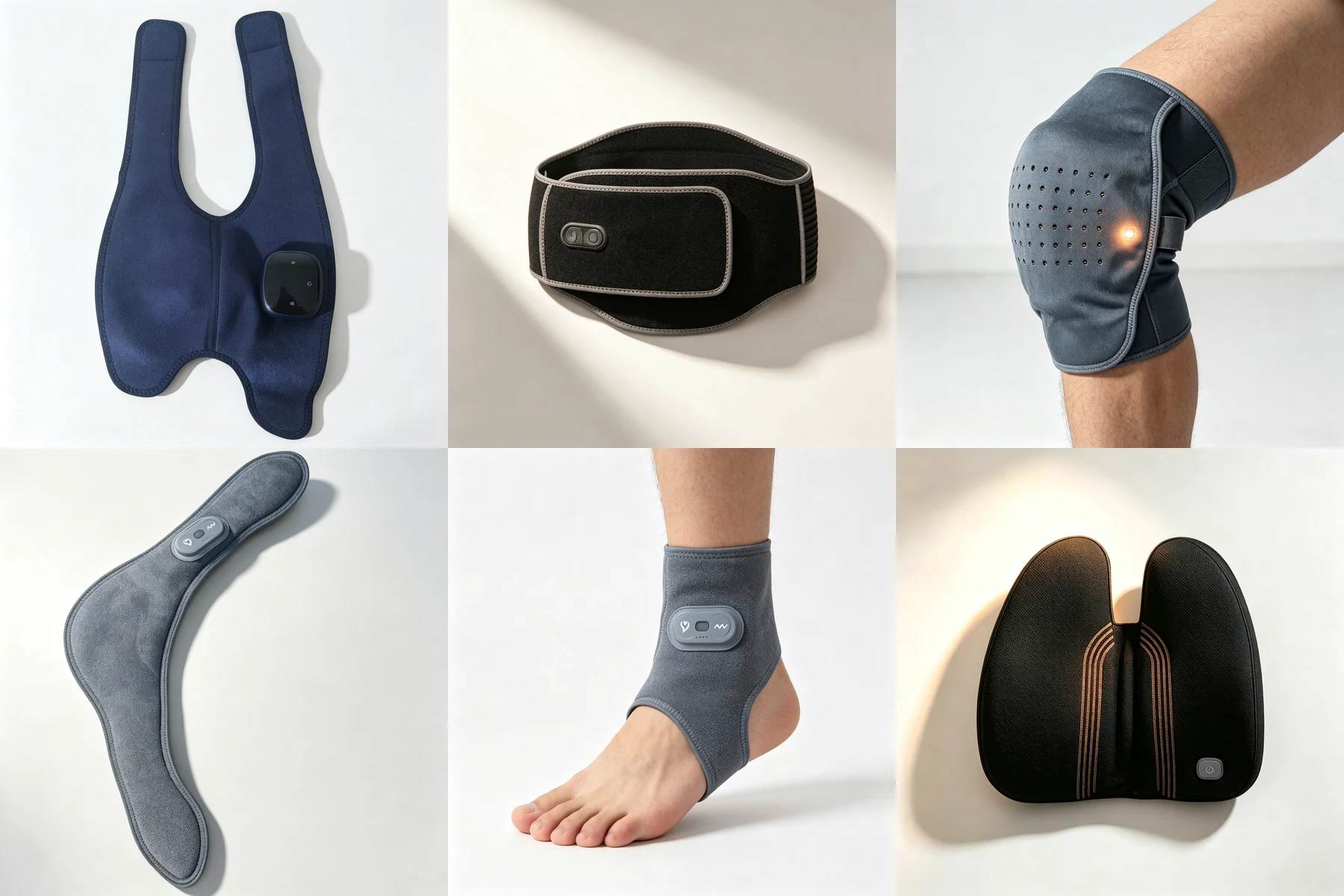 XIHE graphene heating film integrated into real OEM/ODM wellness products including shoulder wrap, lumbar belt, knee brace, neck pillow, ankle support and back cushion