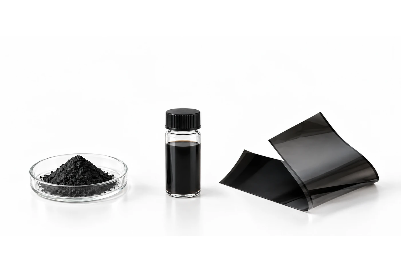 Graphene powder, conductive ink and a flexible black heating film shown together as a material-to-component system