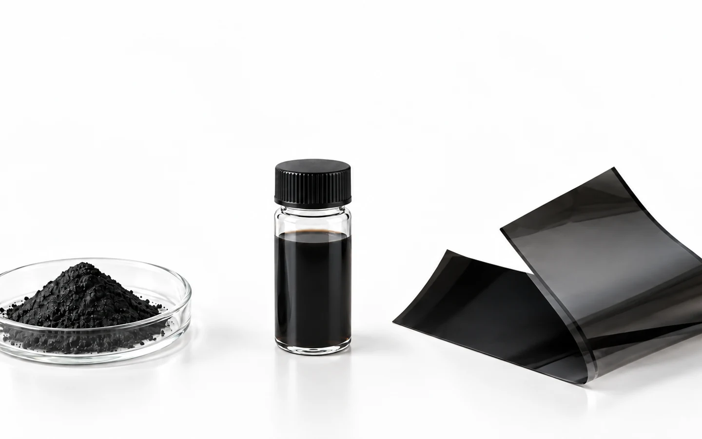 Graphene powder, conductive ink and a flexible black heating film shown together as a material-to-component system