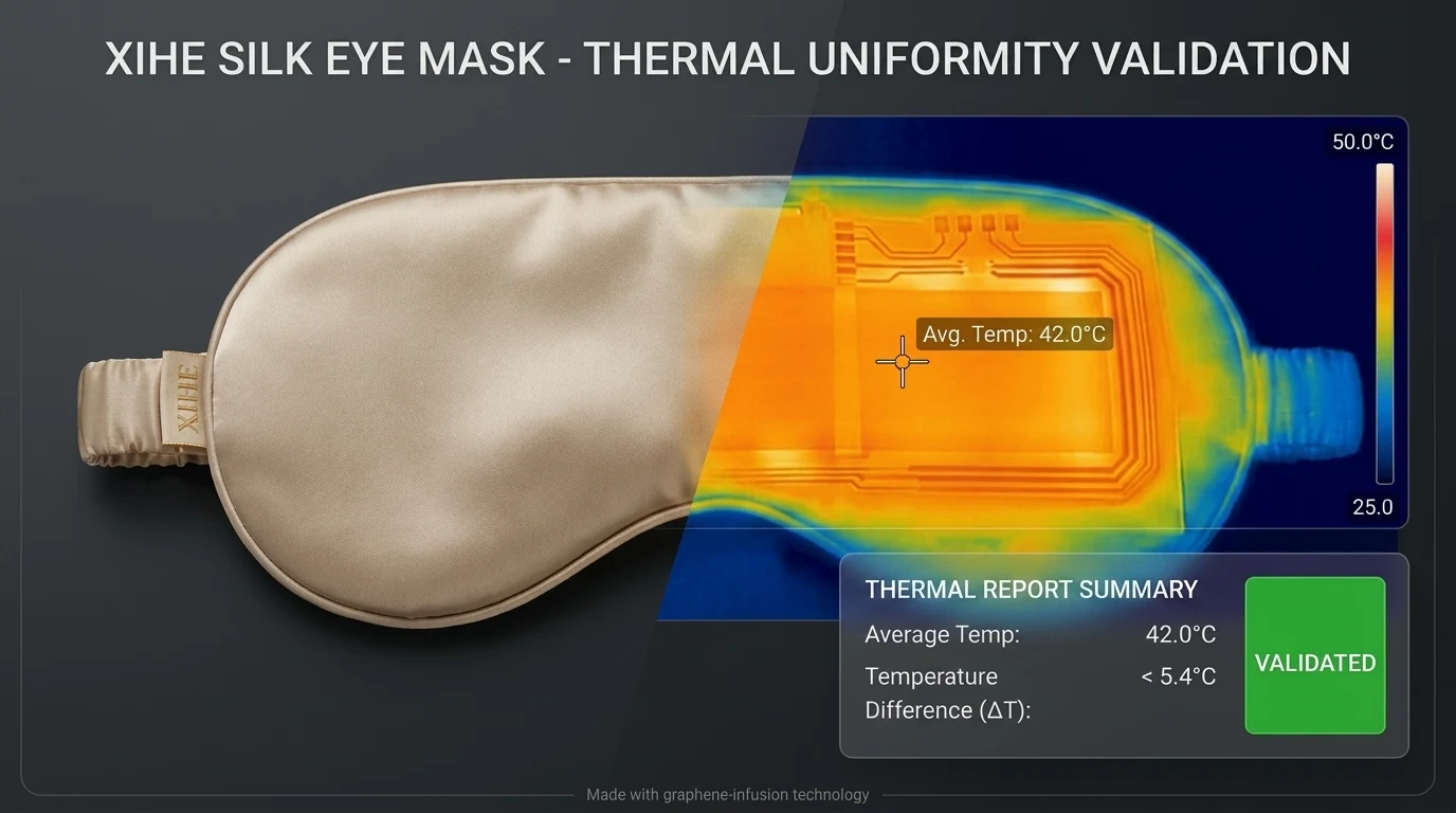 XIHE silk eye mask thermal uniformity validation showing average temperature 42.0°C and temperature difference below 5.4°C across the heating area