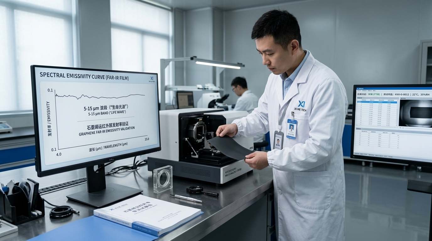 Laboratory engineer reviewing a graphene heating-film sample during instrument testing