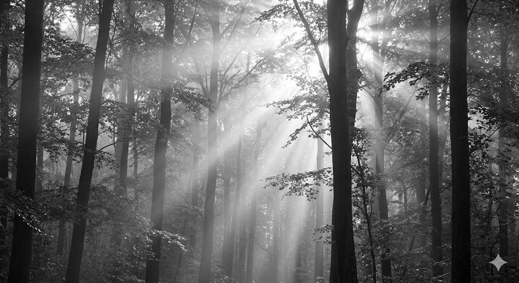 A sunlit forest scene representing environmental signals and human biology